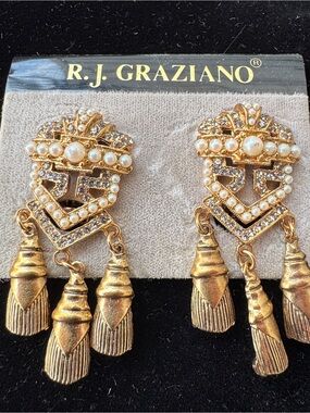 Vintage RJ Graziano Gold Pearl & Crystal Tassel Statement Earrings